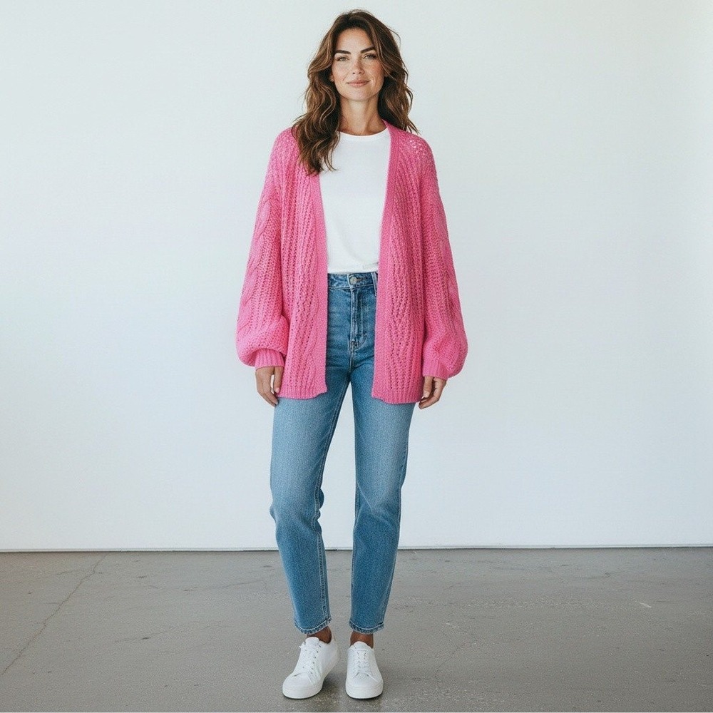 Pink Cable Knit Oversized Open Cardigan Grandma Core Medium Balloon Sleeve‎ Boho